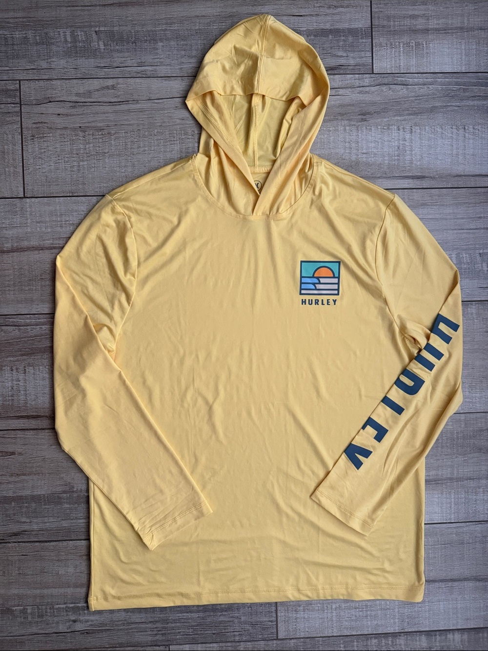 Hurley Men's Yellow Hooded Long-Sleeve Top with Sleeve Logo